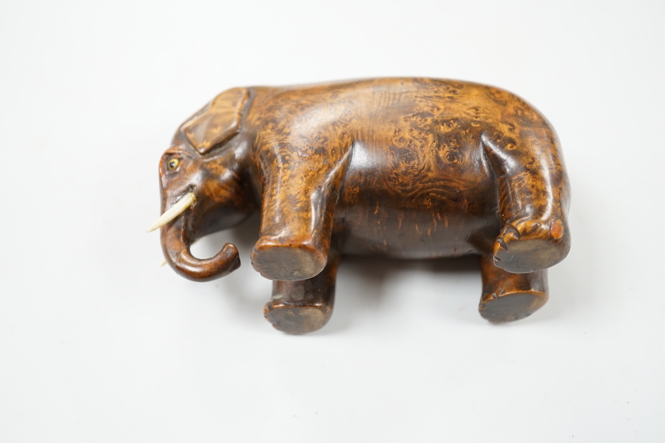 A 19th century burr wood ‘elephant’ snuff box, 11cm wide